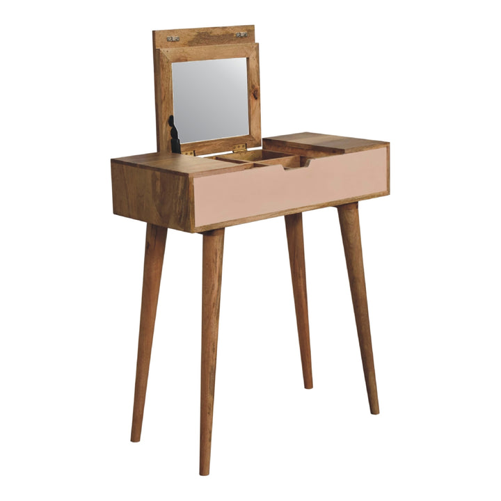 Solid Wood Mini Pink Dressing Table, 4 Compartments, Nordic Legs, Pink and Light Brown