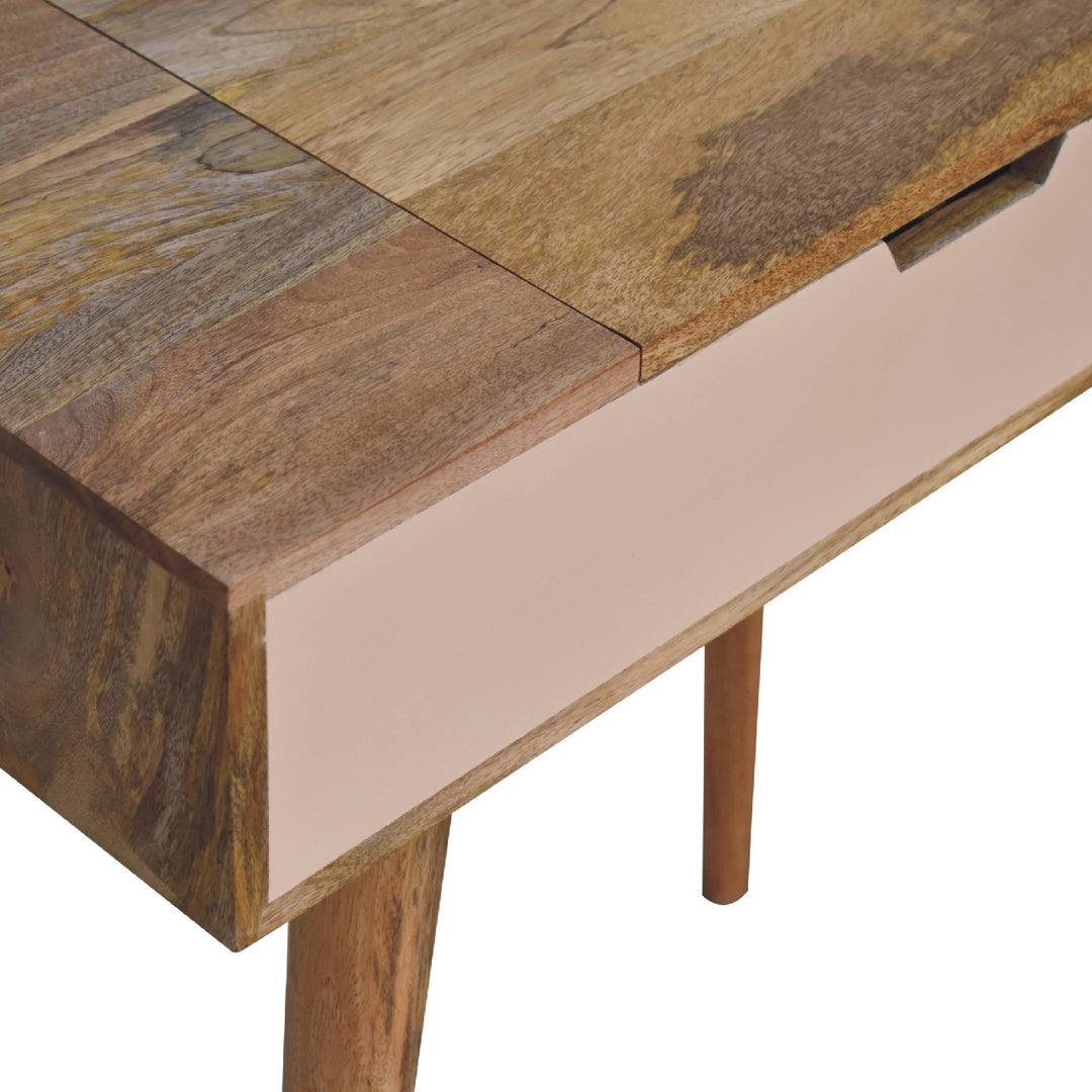 Solid Wood Mini Pink Dressing Table, 4 Compartments, Nordic Legs, Pink and Light Brown