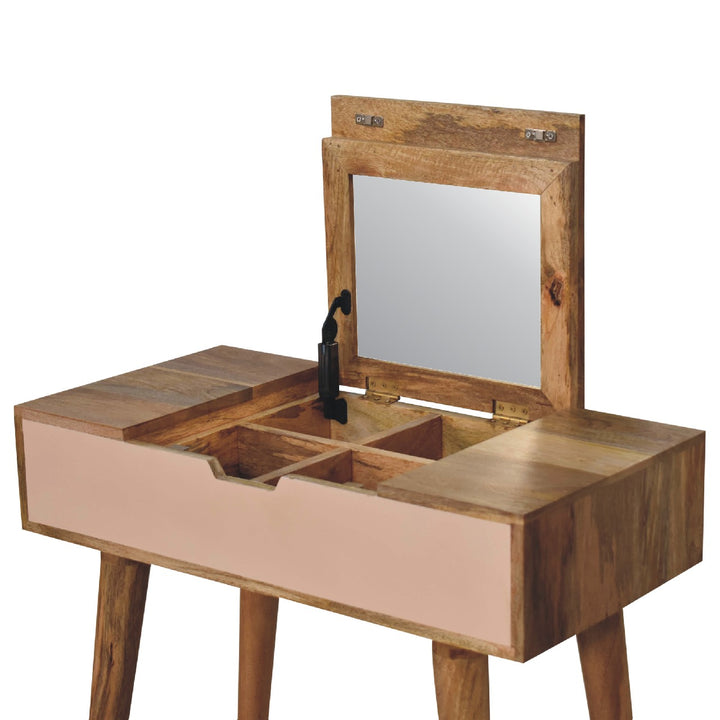 Solid Wood Mini Pink Dressing Table, 4 Compartments, Nordic Legs, Pink and Light Brown