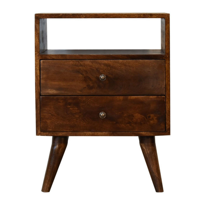 Classic Chestnut Nightstand, 2-Drawers, 1 Open-Slot, Nordic Legs, Dark Brown