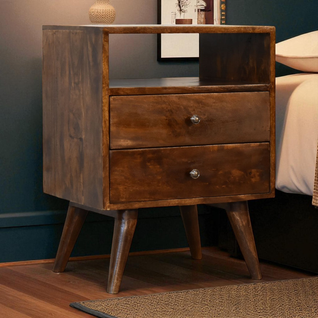 Classic Chestnut Nightstand, 2-Drawers, 1 Open-Slot, Nordic Legs, Dark Brown
