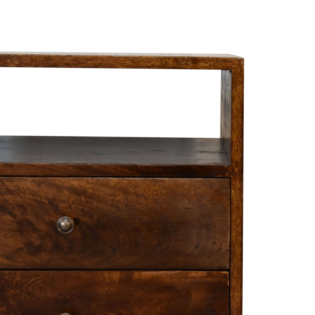 Classic Chestnut Nightstand, 2-Drawers, 1 Open-Slot, Nordic Legs, Dark Brown