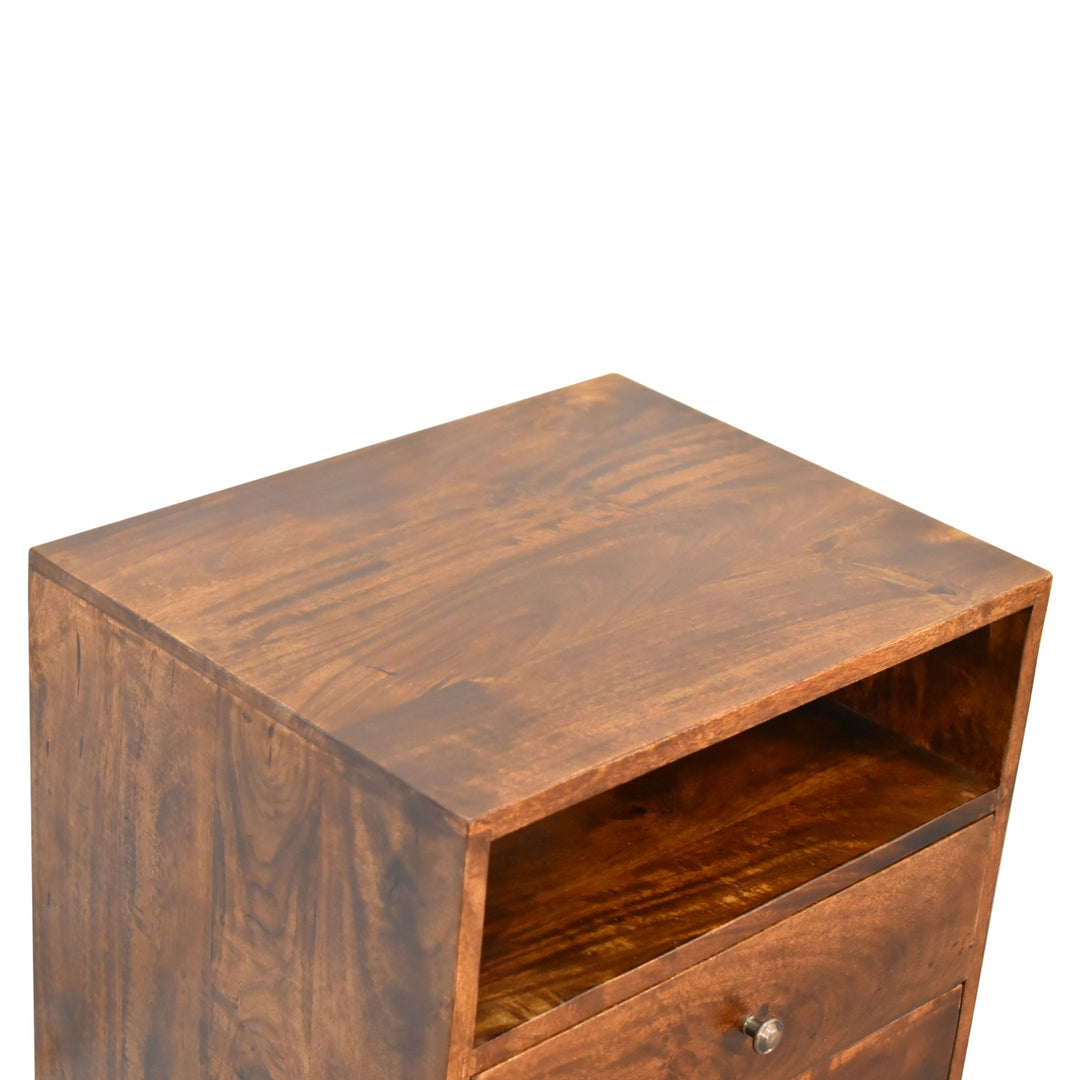 Classic Chestnut Nightstand, 2-Drawers, 1 Open-Slot, Nordic Legs, Dark Brown
