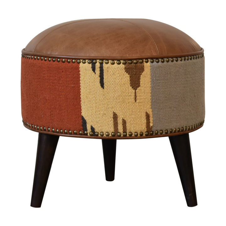 Solid Wood Durrie & Leather Mixed Footstool, Nordic Legs, Upholstered, Tan Brown and Black