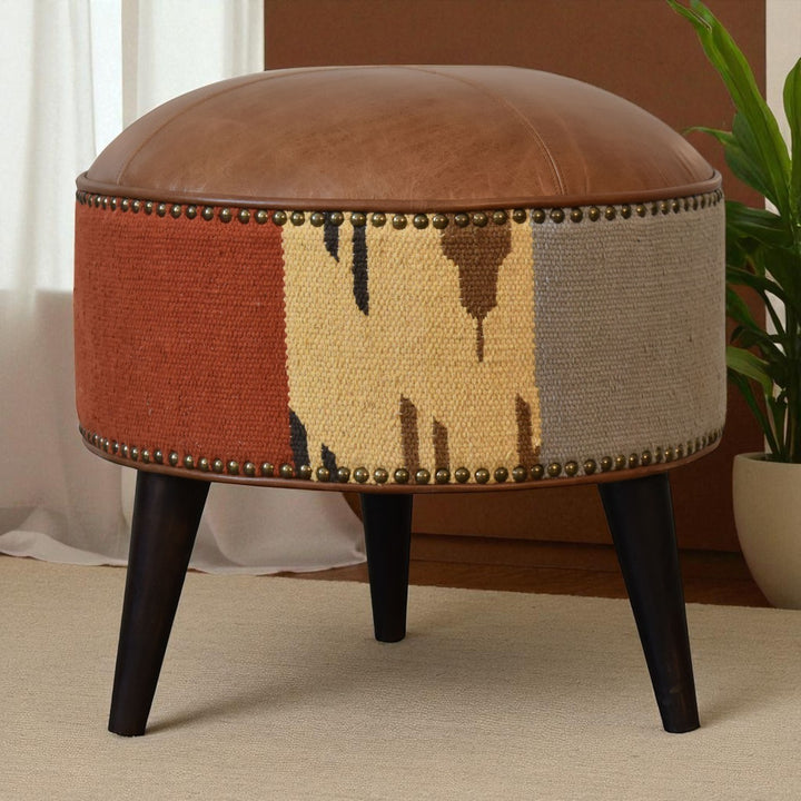 Solid Wood Durrie & Leather Mixed Footstool, Nordic Legs, Upholstered, Tan Brown and Black
