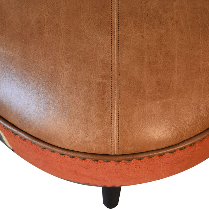 Solid Wood Durrie & Leather Mixed Footstool, Nordic Legs, Upholstered, Tan Brown and Black