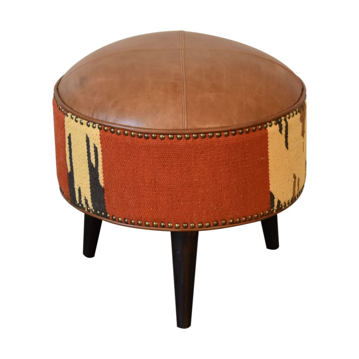 Solid Wood Durrie & Leather Mixed Footstool, Nordic Legs, Upholstered, Tan Brown and Black