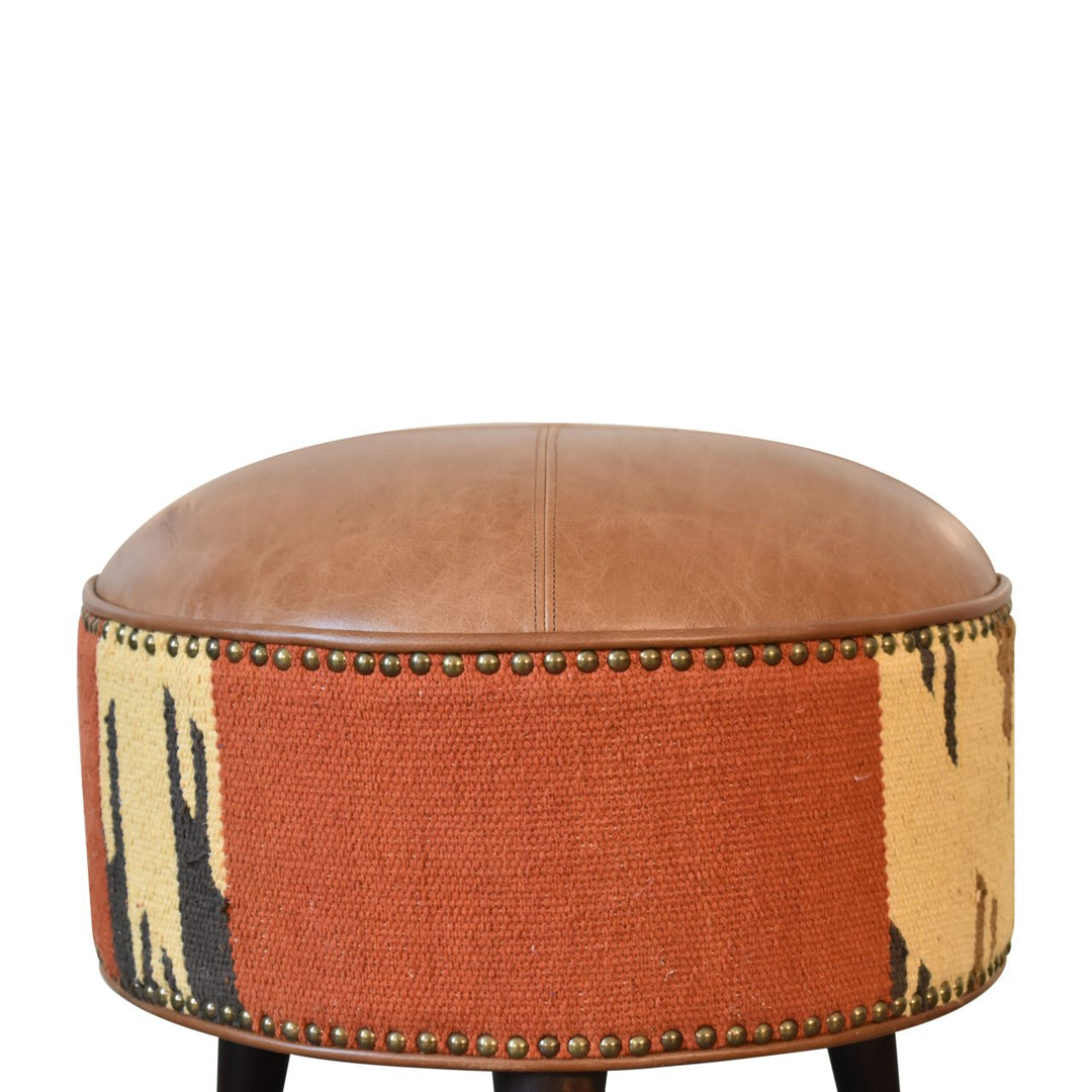 Solid Wood Durrie & Leather Mixed Footstool, Nordic Legs, Upholstered, Tan Brown and Black