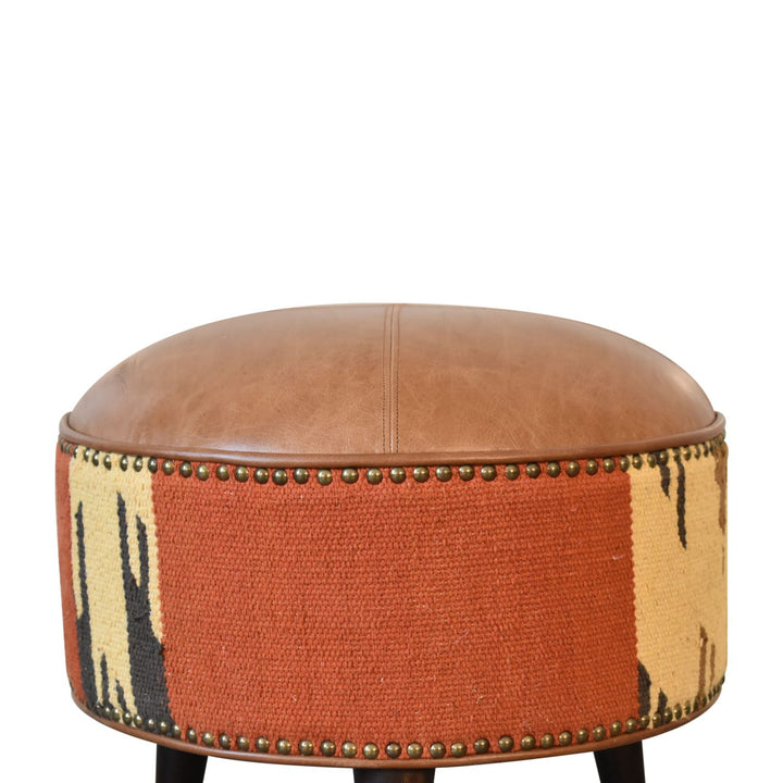 Solid Wood Durrie & Leather Mixed Footstool, Nordic Legs, Upholstered, Tan Brown and Black