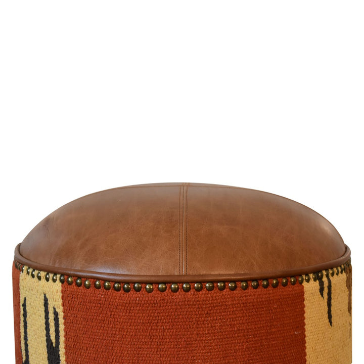 Solid Wood Durrie & Leather Mixed Footstool, Nordic Legs, Upholstered, Tan Brown and Black