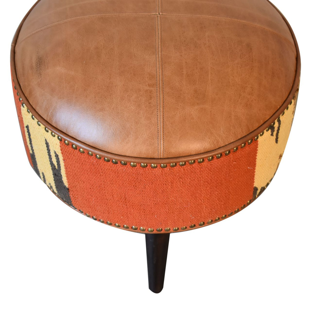 Solid Wood Durrie & Leather Mixed Footstool, Nordic Legs, Upholstered, Tan Brown and Black