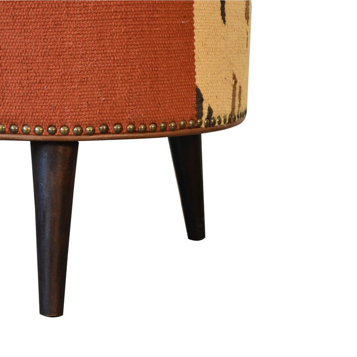 Solid Wood Durrie & Leather Mixed Footstool, Nordic Legs, Upholstered, Tan Brown and Black