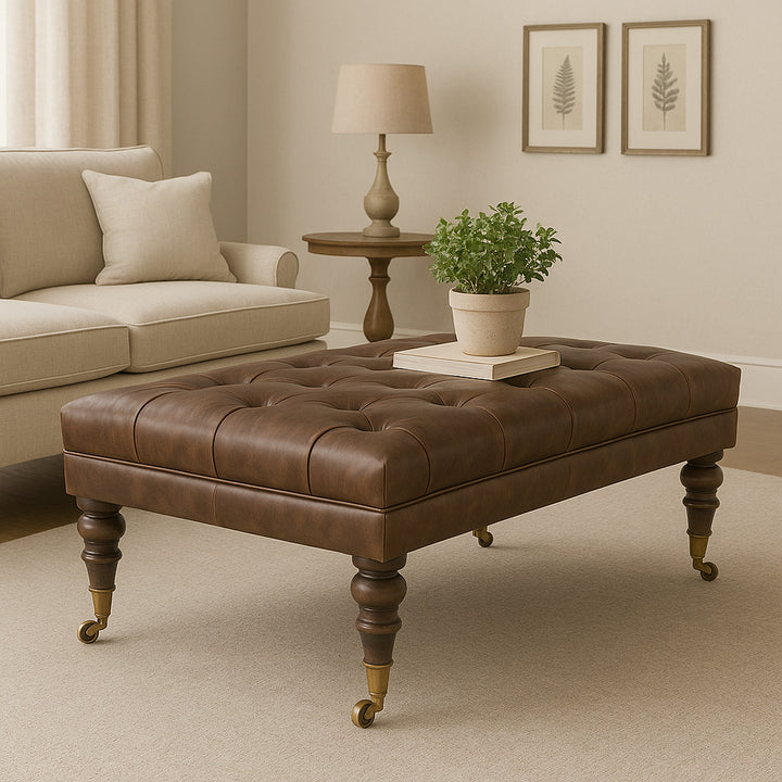 Solid Wood Buffalo Leather Upholstered Ottoman, Dark Brown