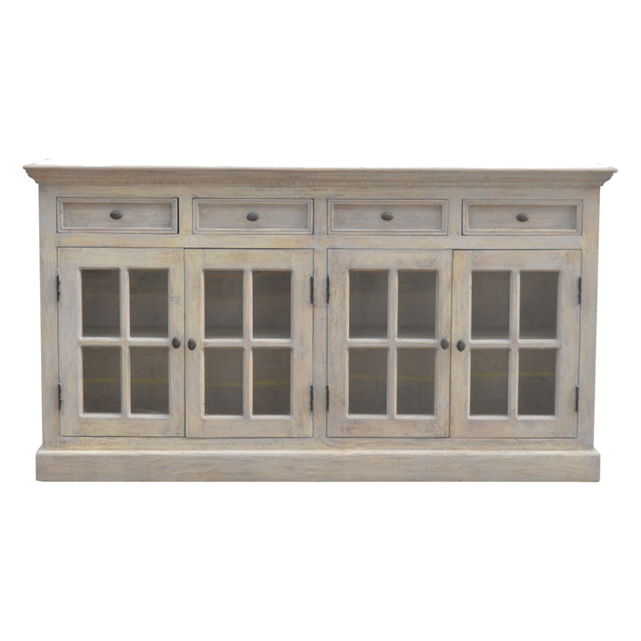 Solid Wood Stone Acid Wash Glazed Sideboard, 4-Drawers, 4-Shelves, White