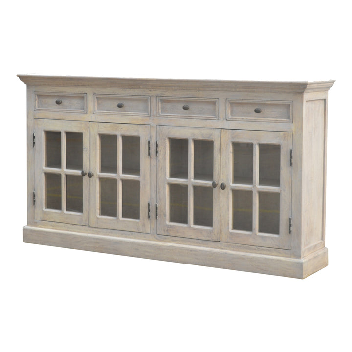 Solid Wood Stone Acid Wash Glazed Sideboard, 4-Drawers, 4-Shelves, White