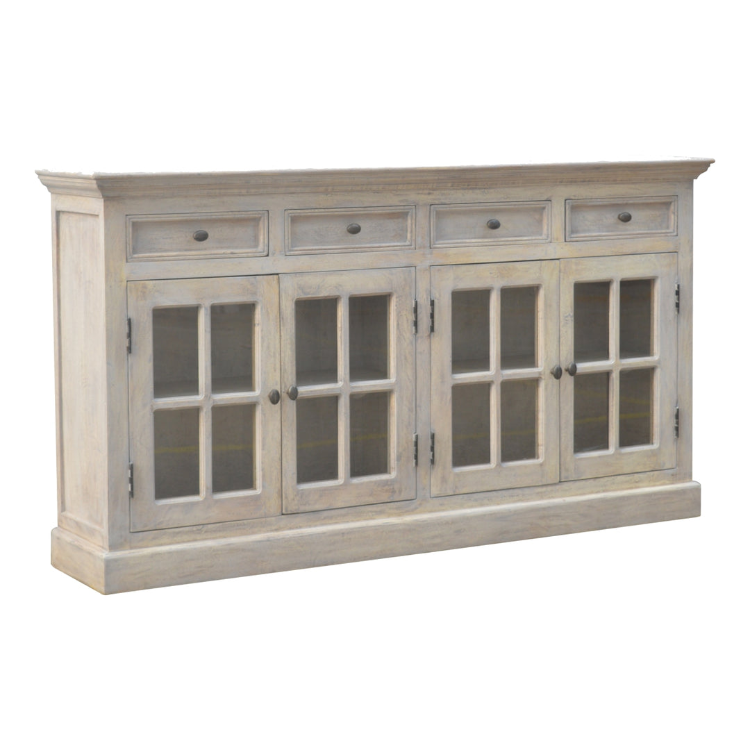 Solid Wood Stone Acid Wash Glazed Sideboard, 4-Drawers, 4-Shelves, White