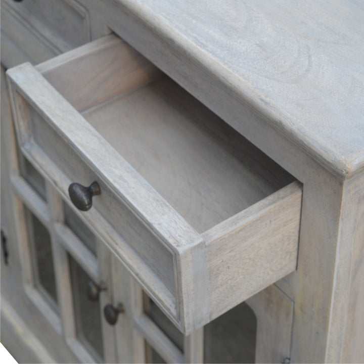 Solid Wood Stone Acid Wash Glazed Sideboard, 4-Drawers, 4-Shelves, White