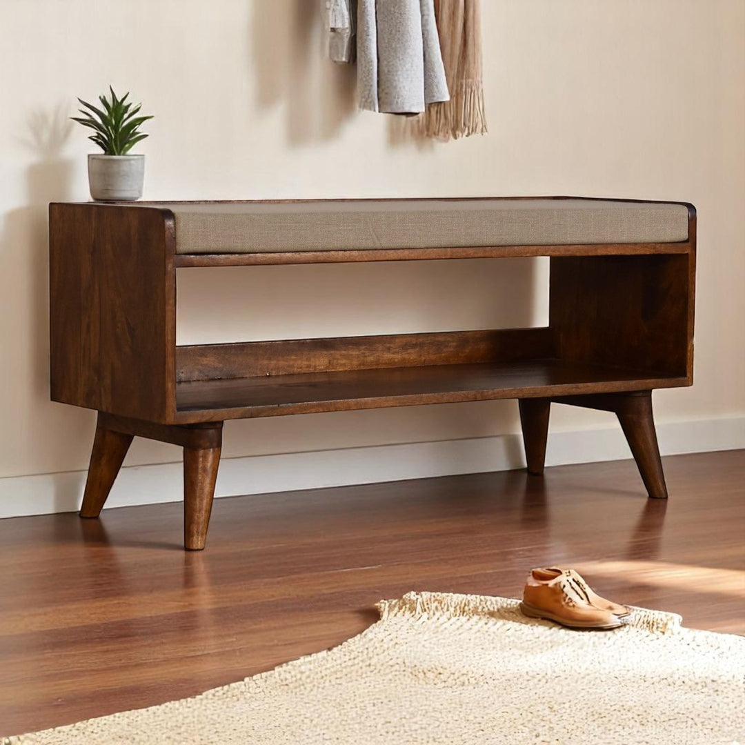 Mud Linen Nordic Storage Bench, Upholstered, Beige and Brown
