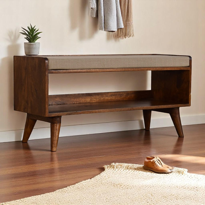 Mud Linen Nordic Storage Bench, Upholstered, Beige and Brown