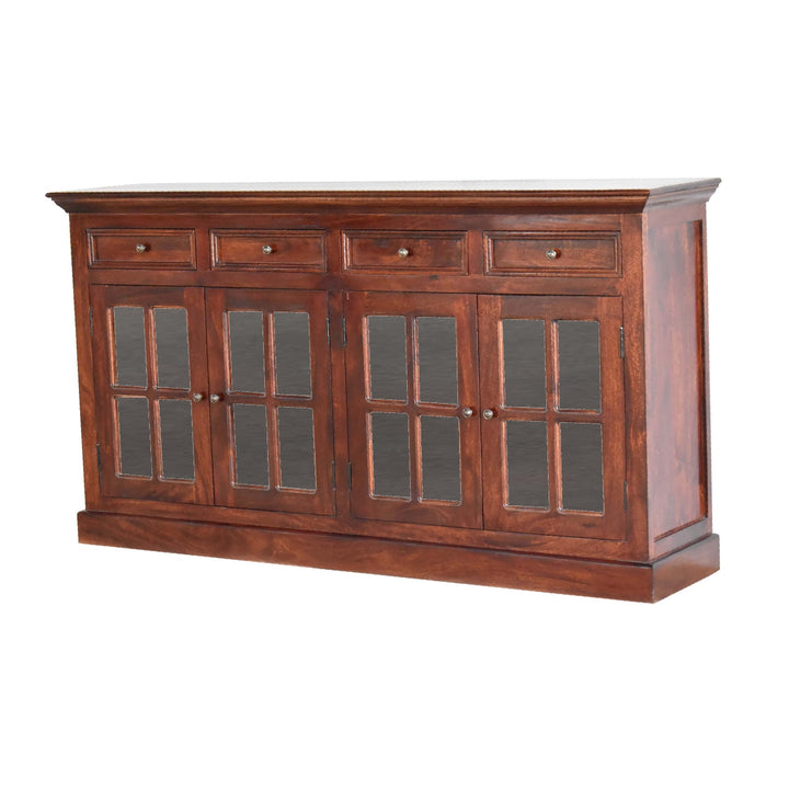 Solid Wood Large Cherry Glazed Sideboard, 4-Drawers, 4 Shelves with 2 Doors, Chestnut Finish, Brown