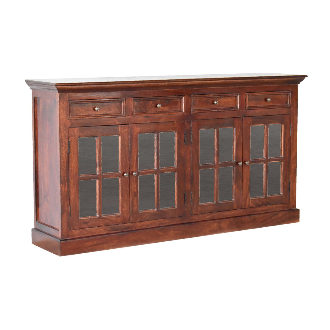 Solid Wood Large Cherry Glazed Sideboard, 4-Drawers, 4 Shelves with 2 Doors, Chestnut Finish, Brown