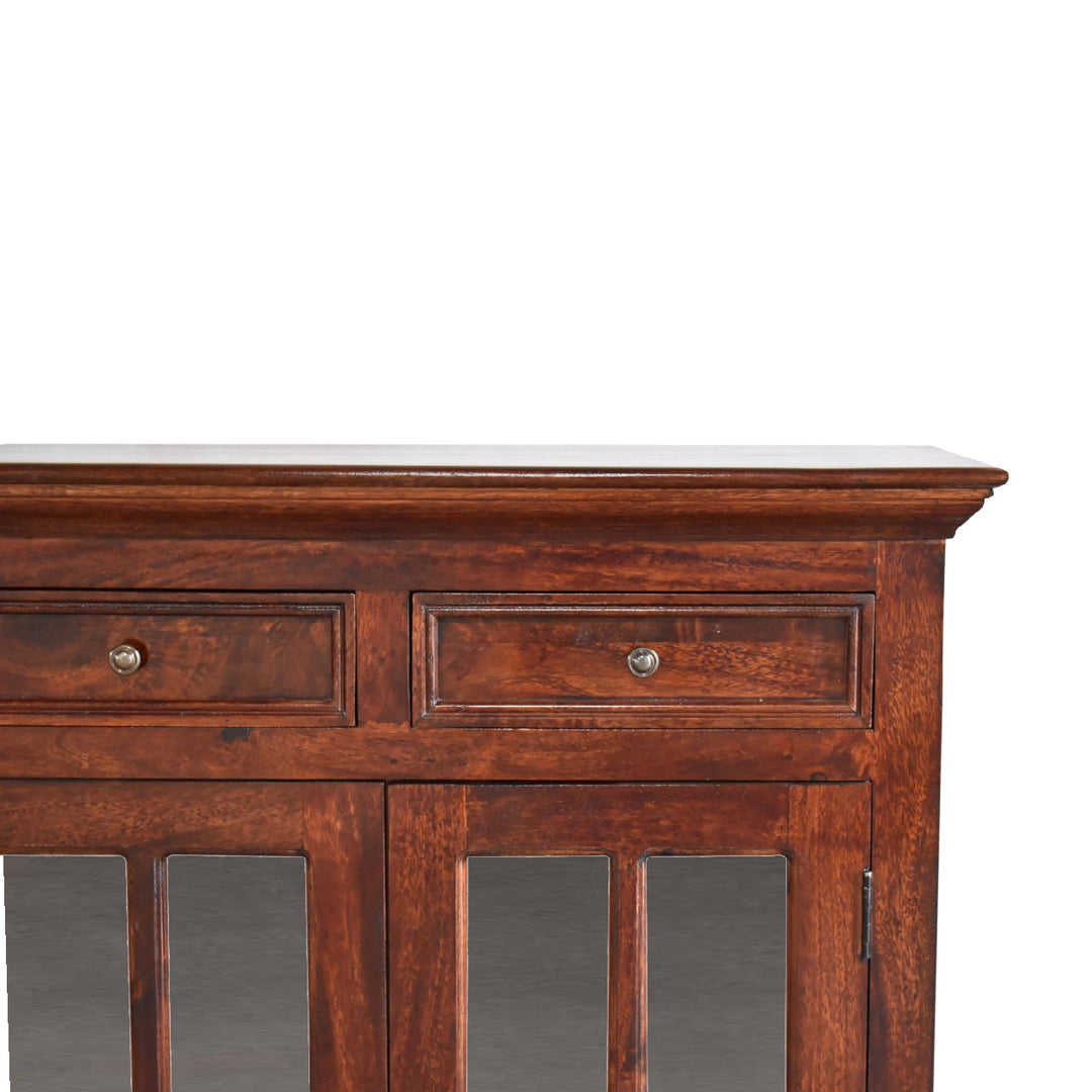 Solid Wood Large Cherry Glazed Sideboard, 4-Drawers, 4 Shelves with 2 Doors, Chestnut Finish, Brown