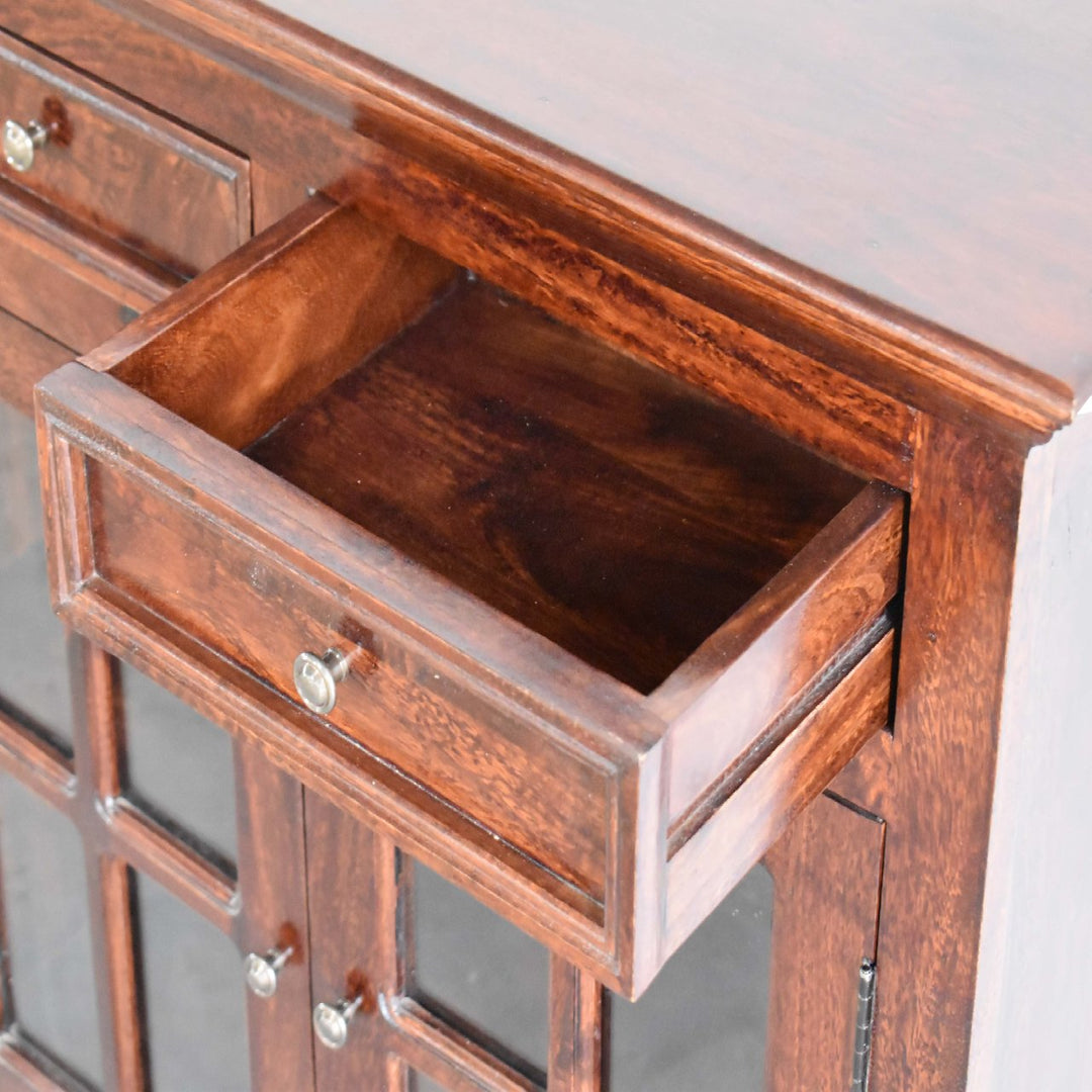 Solid Wood Large Cherry Glazed Sideboard, 4-Drawers, 4 Shelves with 2 Doors, Chestnut Finish, Brown