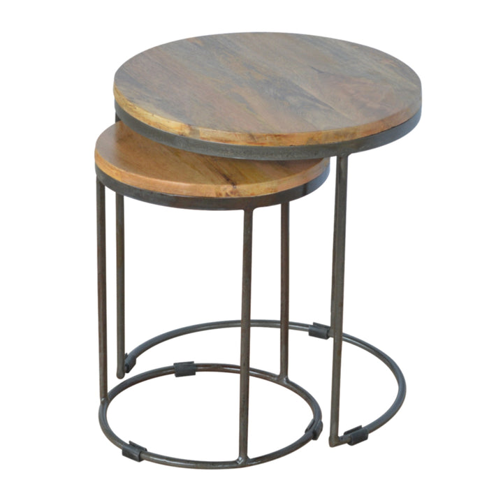 Solid Wood Round Stool with Iron Base, Set of 2, Light Brown