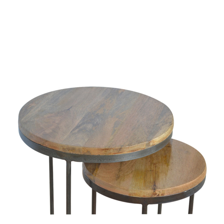 Solid Wood Round Stool with Iron Base, Set of 2, Light Brown