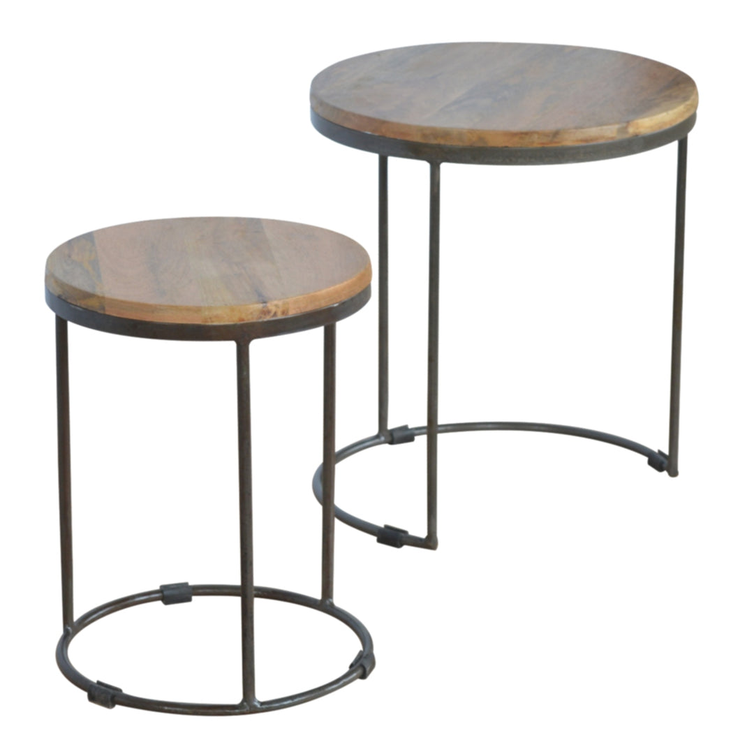 Solid Wood Round Stool with Iron Base, Set of 2, Light Brown