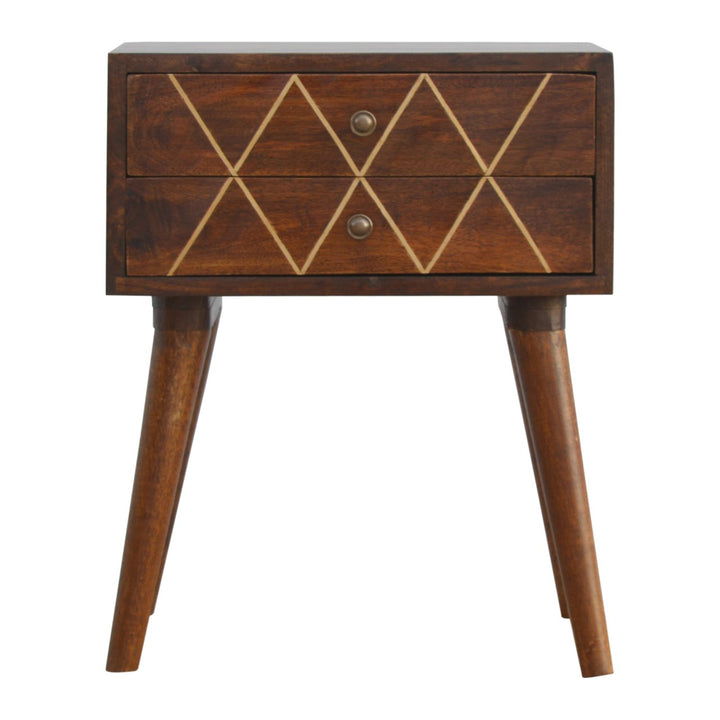 Geo Brass Inlay Bedside, 2-Drawers, Nordic Legs, Gold and Brown