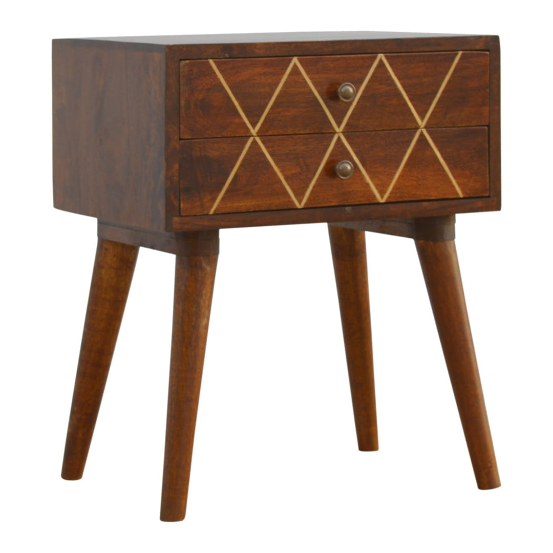 Geo Brass Inlay Bedside, 2-Drawers, Nordic Legs, Gold and Brown