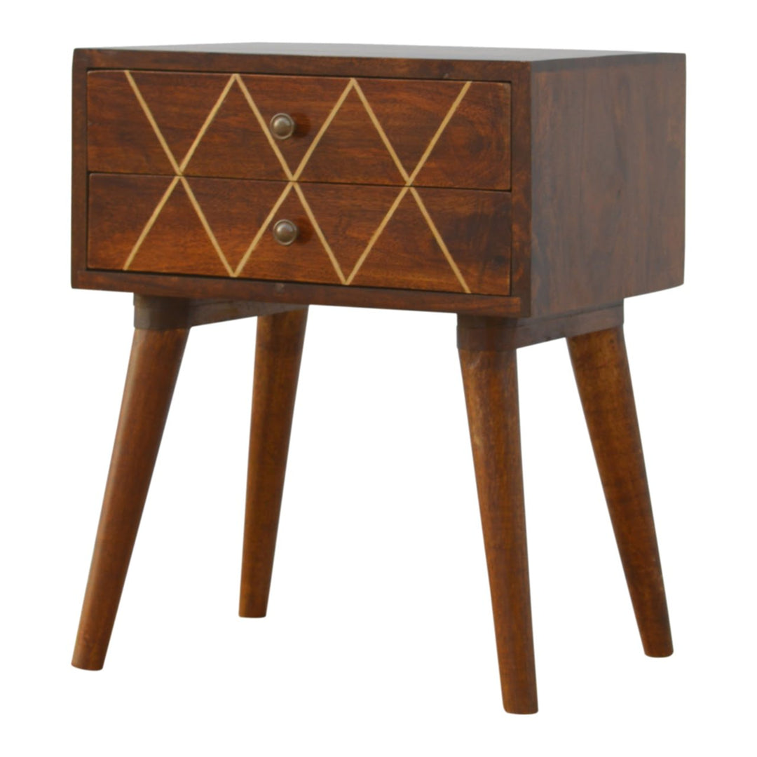 Geo Brass Inlay Bedside, 2-Drawers, Nordic Legs, Gold and Brown
