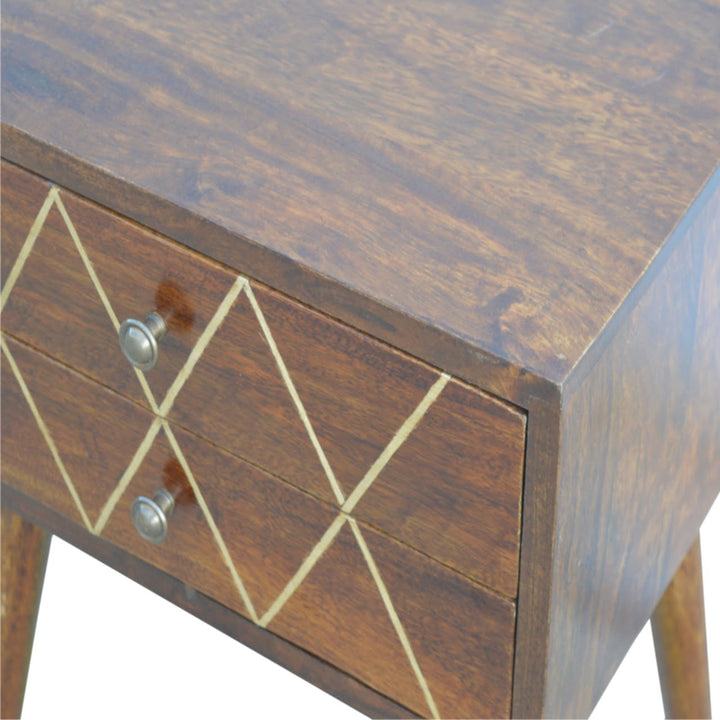Geo Brass Inlay Bedside, 2-Drawers, Nordic Legs, Gold and Brown