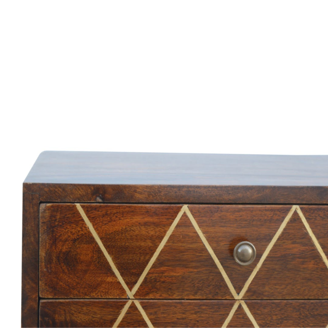 Geo Brass Inlay Bedside, 2-Drawers, Nordic Legs, Gold and Brown