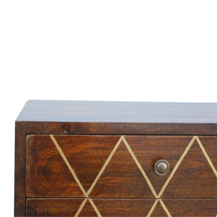 Geo Brass Inlay Bedside, 2-Drawers, Nordic Legs, Gold and Brown