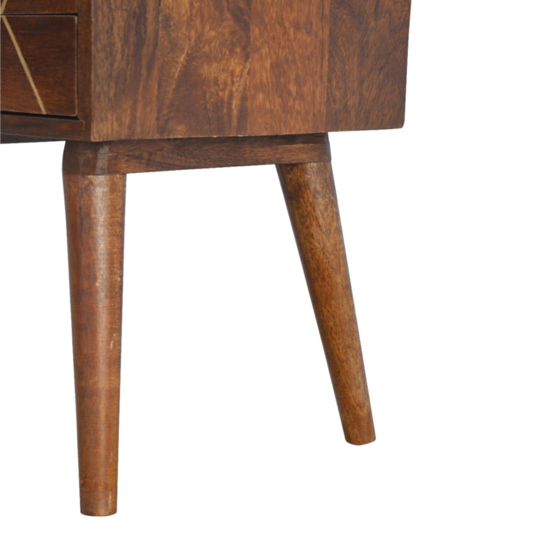 Geo Brass Inlay Bedside, 2-Drawers, Nordic Legs, Gold and Brown