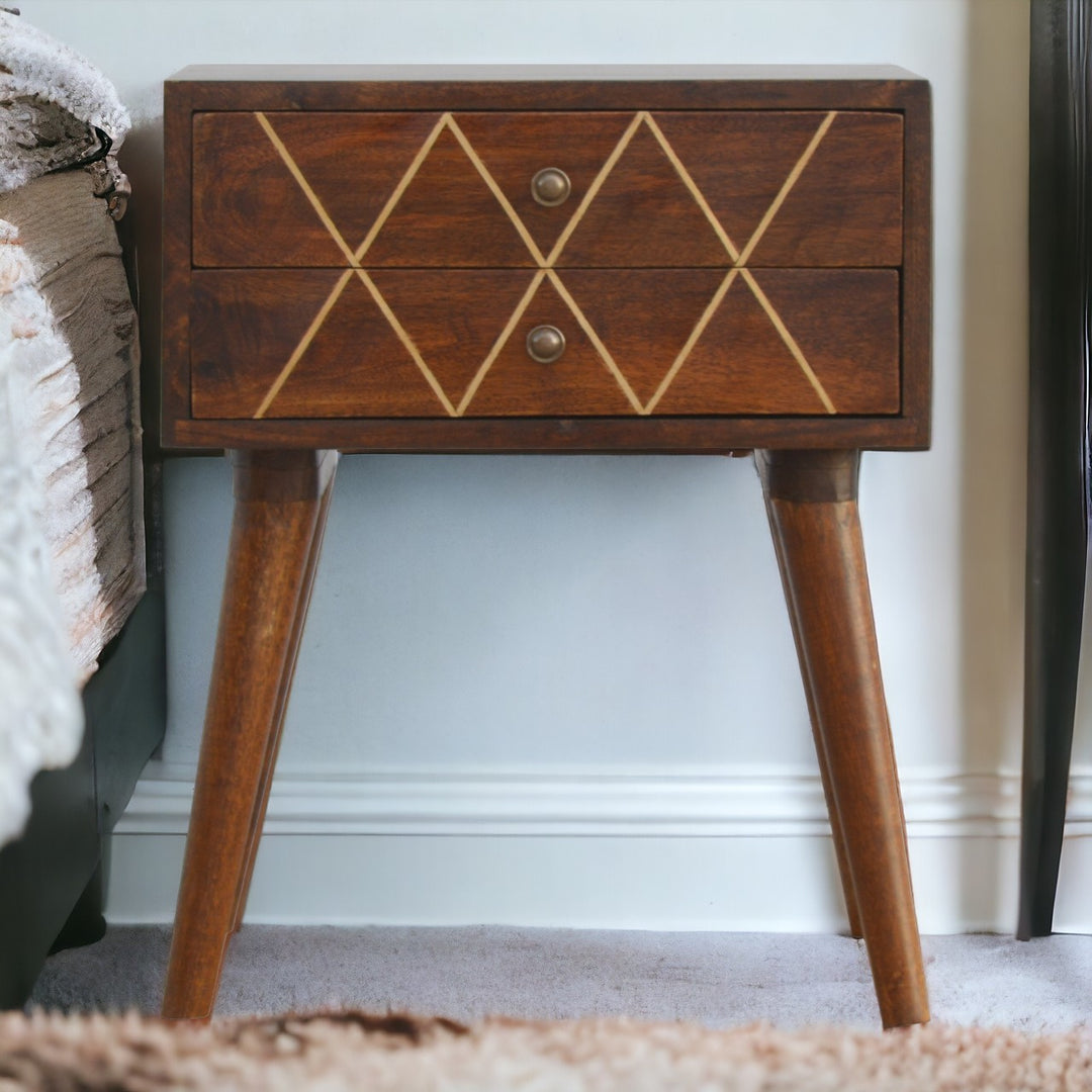 Geo Brass Inlay Bedside, 2-Drawers, Nordic Legs, Gold and Brown
