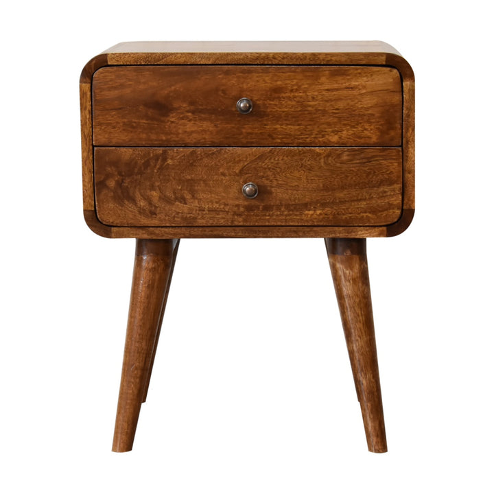 Solid Wood Curved Nightstand, 2-Drawers, Chestnut, Brown