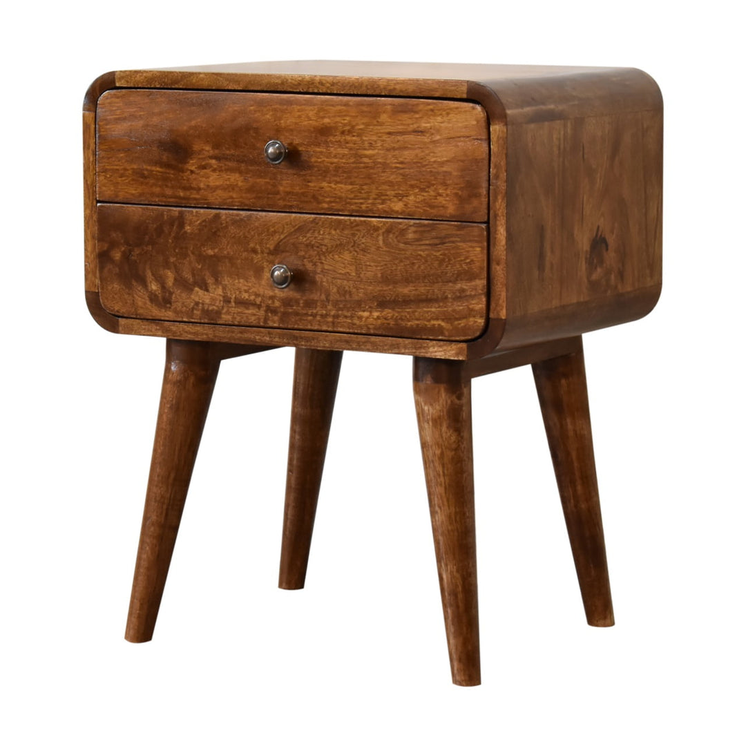Solid Wood Curved Nightstand, 2-Drawers, Chestnut, Brown