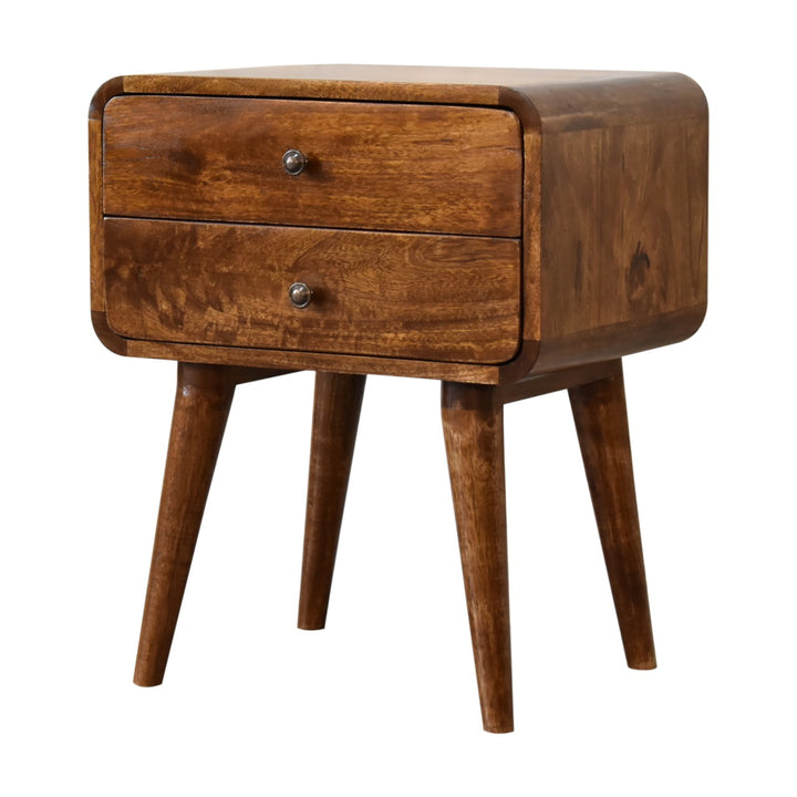 Solid Wood Curved Nightstand, 2-Drawers, Chestnut, Brown