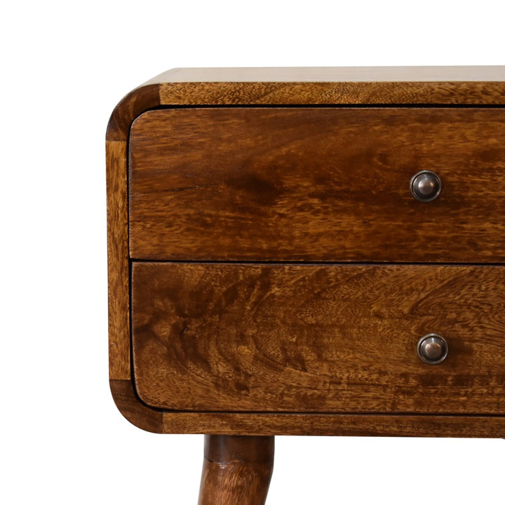 Solid Wood Curved Nightstand, 2-Drawers, Chestnut, Brown