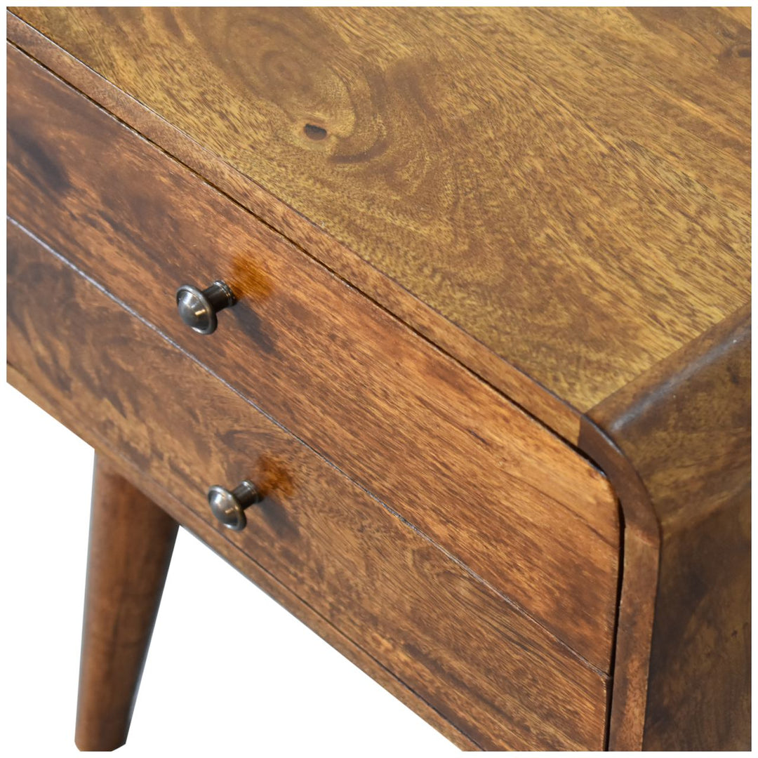Solid Wood Curved Nightstand, 2-Drawers, Chestnut, Brown
