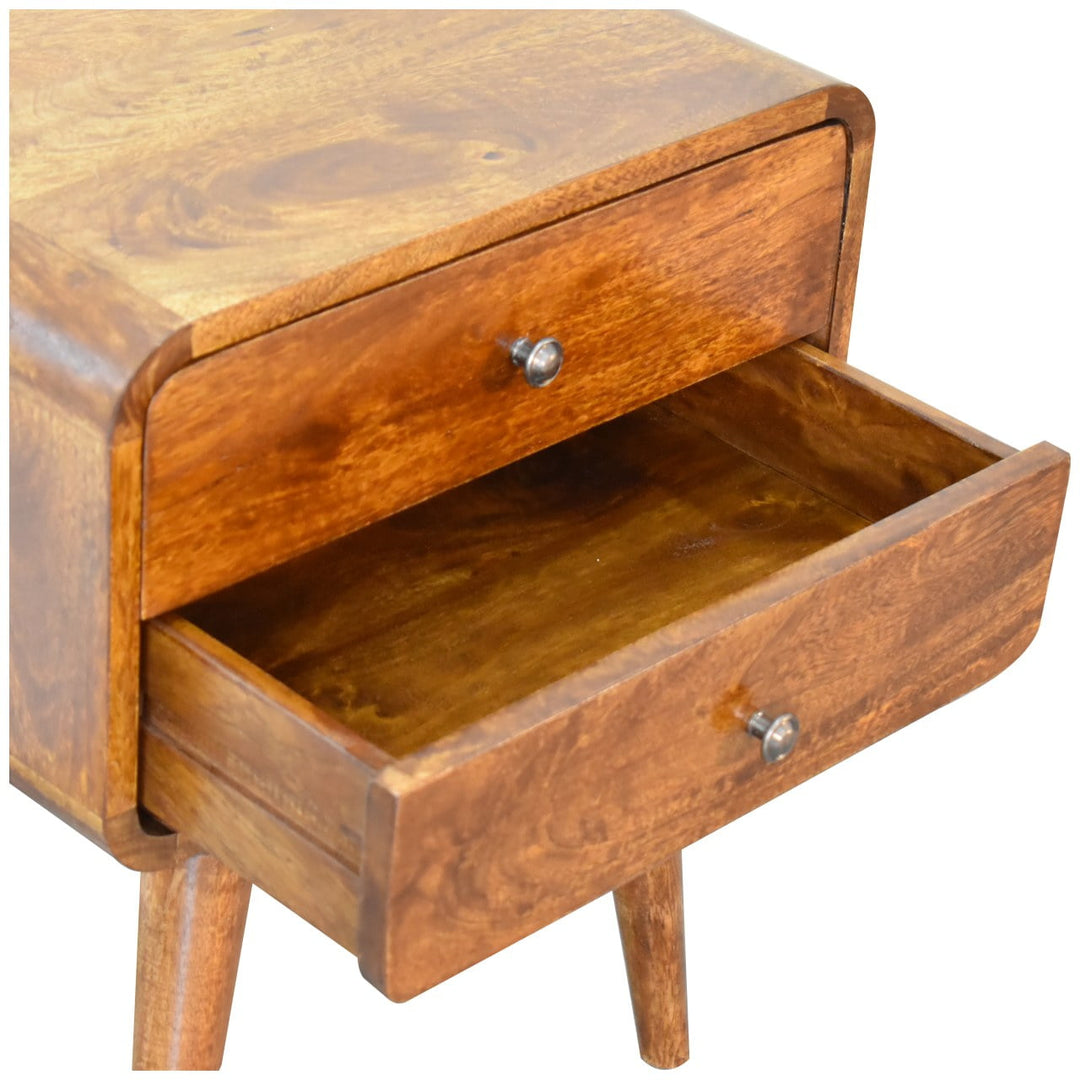 Solid Wood Curved Nightstand, 2-Drawers, Chestnut, Brown