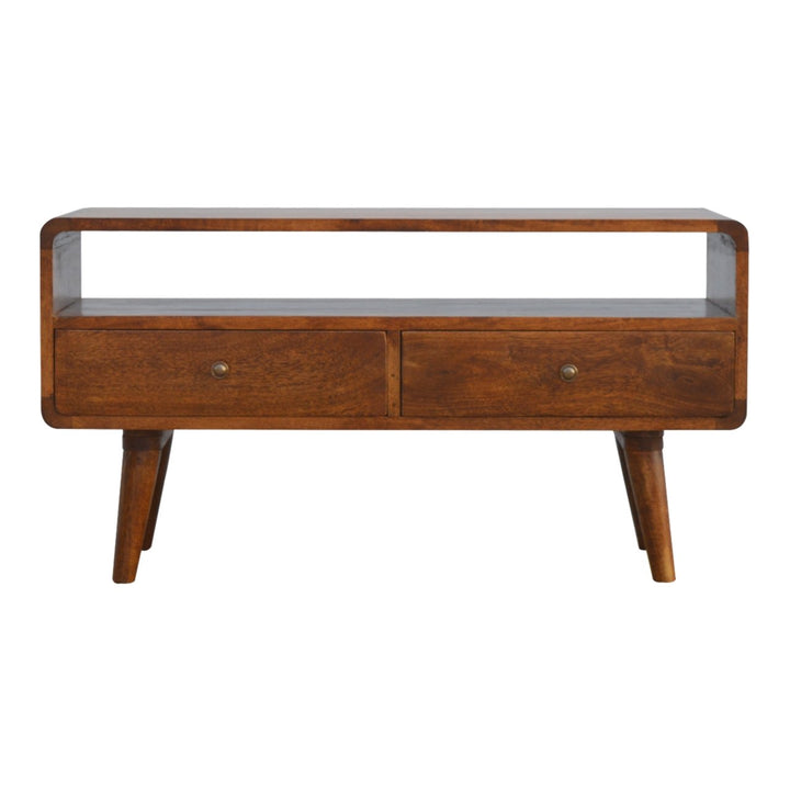 Solid Wood Curved Chestnut Media Unit, Open Slot, 2-Drawers, Brown