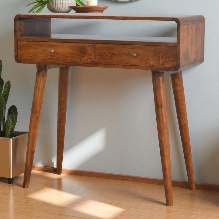 Curved Chestnut Console Table, 2-Drawers, 1 Open-Storage, Brown