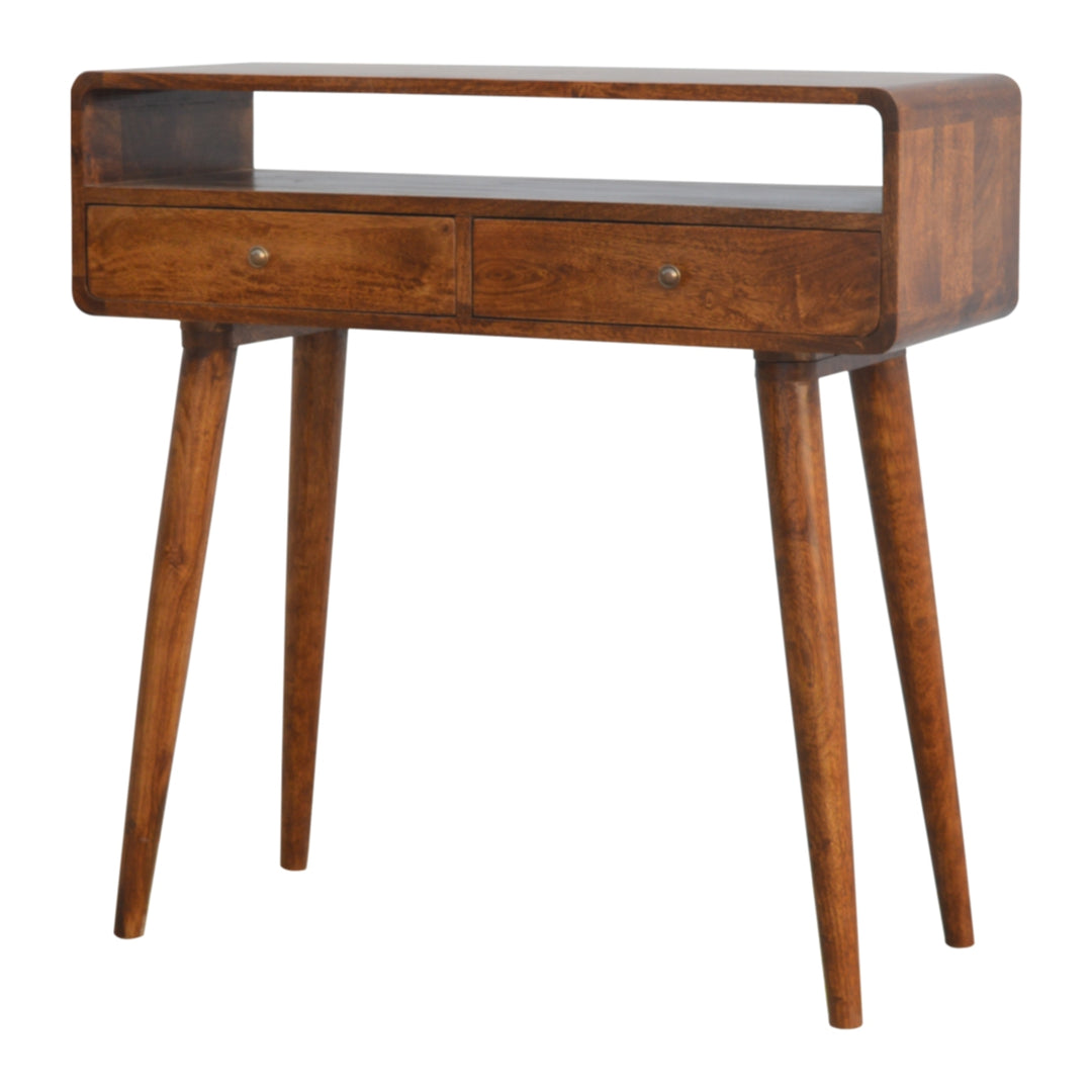 Curved Chestnut Console Table, 2-Drawers, 1 Open-Storage, Brown