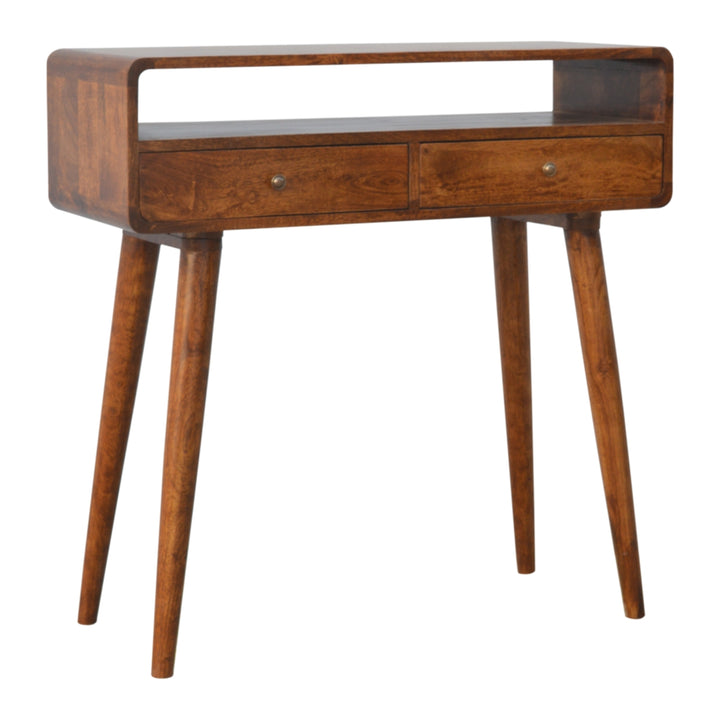 Curved Chestnut Console Table, 2-Drawers, 1 Open-Storage, Brown