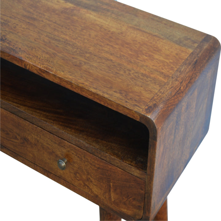 Curved Chestnut Console Table, 2-Drawers, 1 Open-Storage, Brown