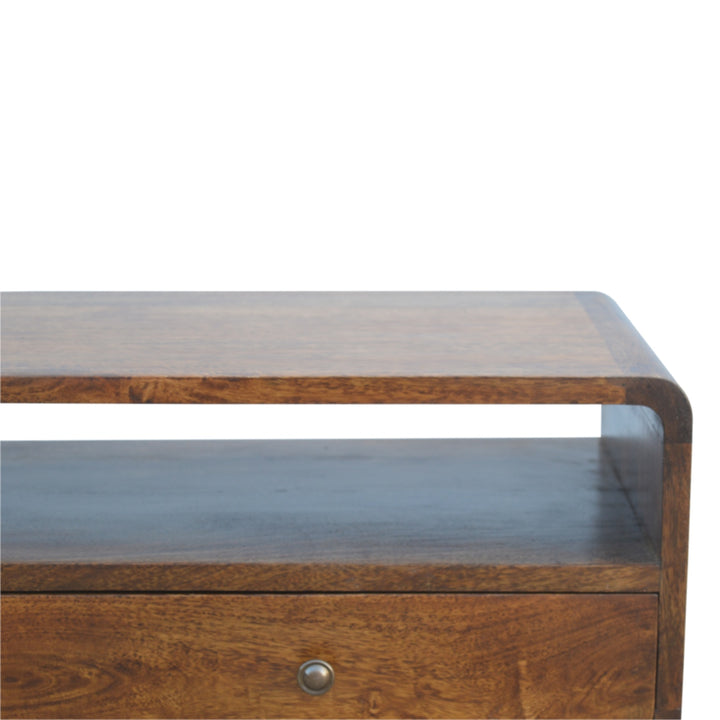 Curved Chestnut Console Table, 2-Drawers, 1 Open-Storage, Brown